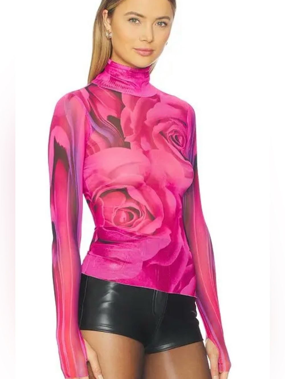 AFRM Zadie Top fuchsia rose Pink Rose-Print Turtleneck Top